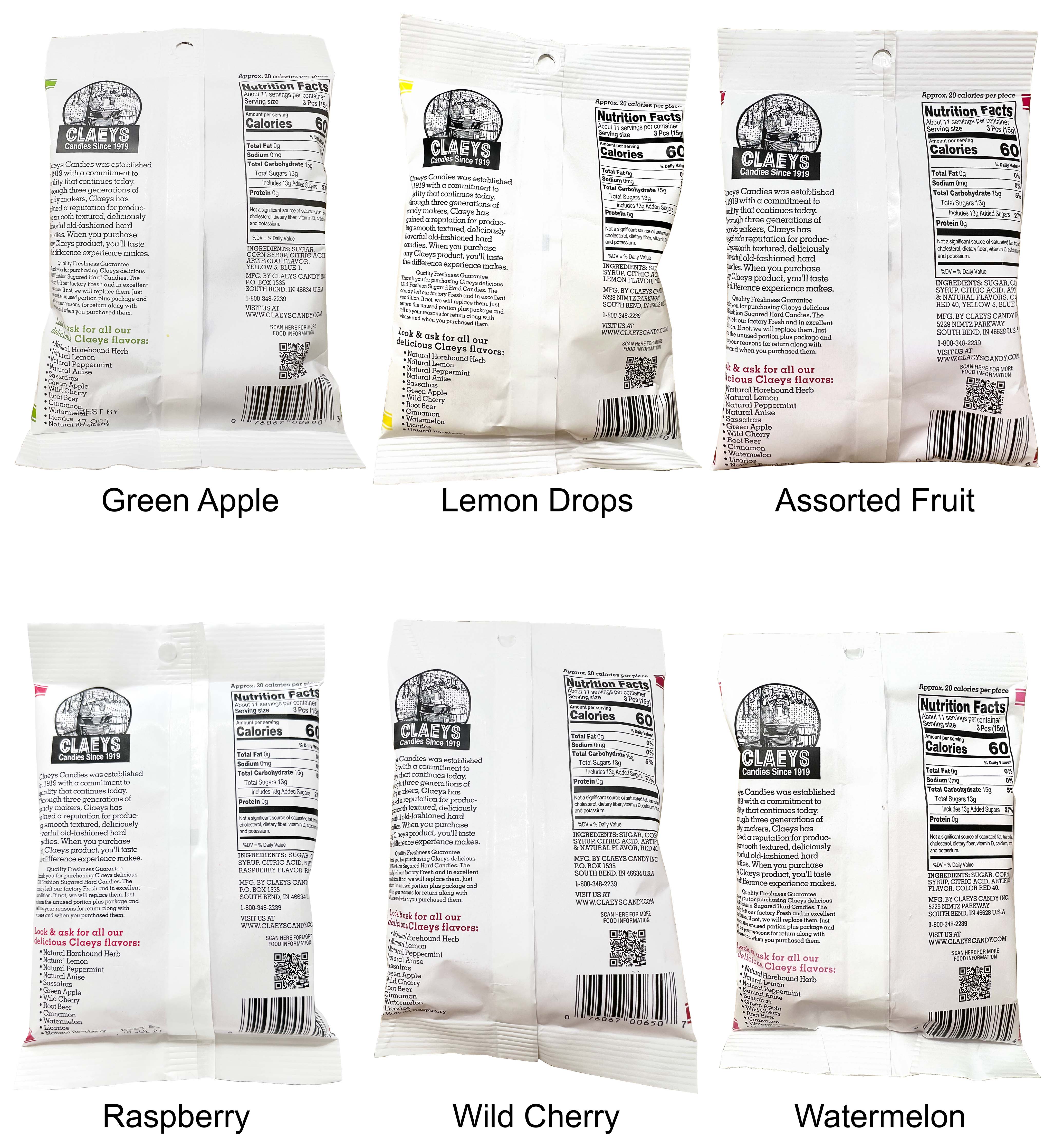 Hard Candies - 6 flavors - 1 each: Green Apple, Lemon Drops, Assorted Fruit, Raspberry, Wild Cherry, Watermelon (6 oz) Claeys Old Fashioned  | MerlinsMart Zine