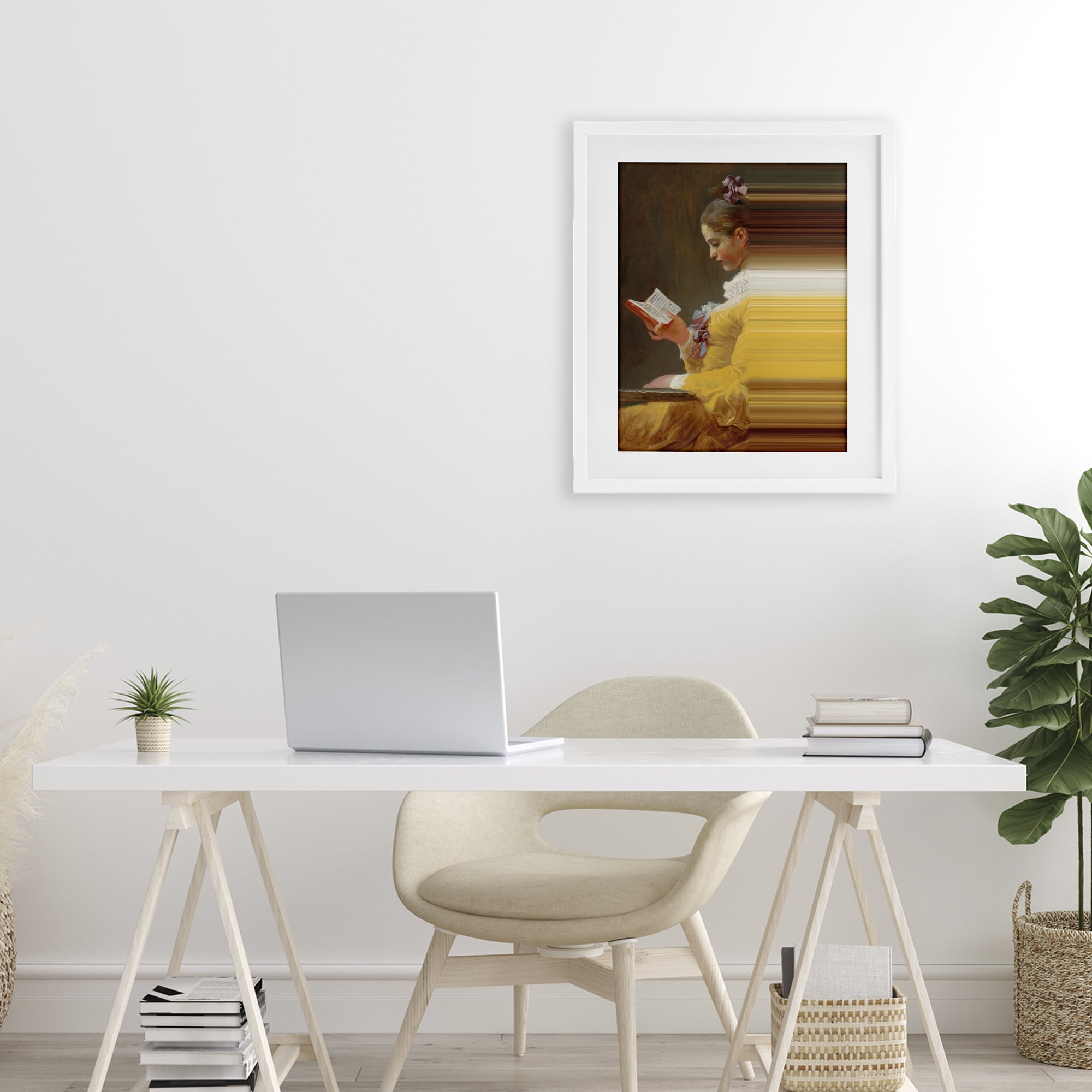Vintage Lady Reading with Gradient Streaks White Framed Print Under Glass, design by Seven Trees Design