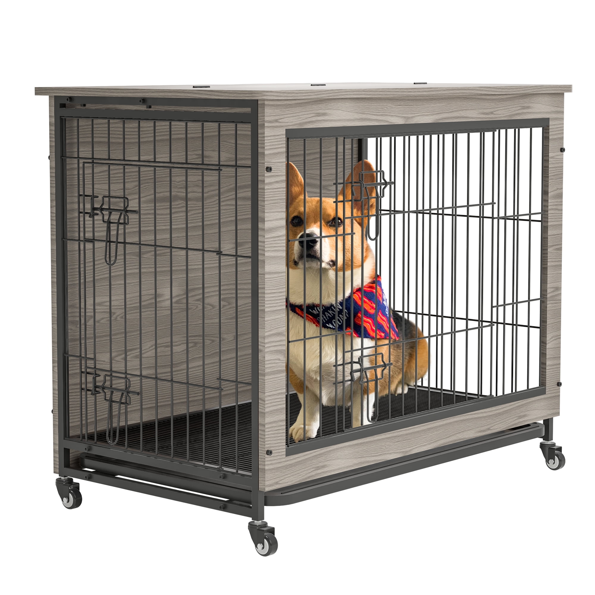 Pefilos 23.6"L Wood Dog Crate Furniture with Cushion, Double-Doors Dog Cag for Indoor, Dog House, Dog Kennel for Small Dogs, Gray Pefilos 23.6"L Wood Dog Crate Furniture with Cushion, Double-Doors Dog Cag for Indoor, Dog House, Dog Kennel for Small Dogs, Gray
