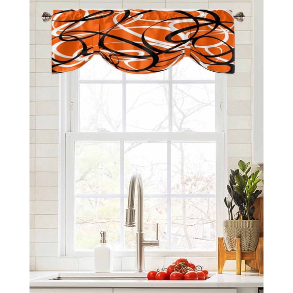 Tie Up Valance Curtain for Kitchen,Abstraction Distortion Lines Art Rod Pocket Short Curtains Adjustable Tie-Up Shade Valances,Black Orange White Window Treatment for Bathroom Living Room Bedroom