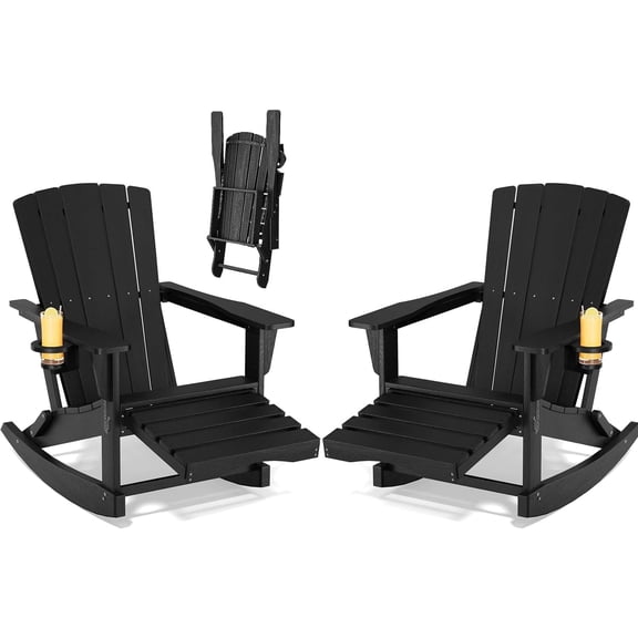 Polyhouz Folding HDPE Adirondack Rocking Chair Set of 2 with Retractable Ottoman and Cup Holder, All Weather Outdoor Patio Lounge Chairs for Porch, Lawn, Poolside, Black