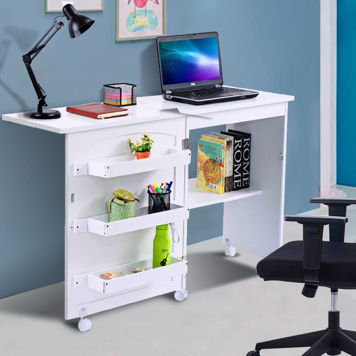 Costway White Folding Swing Craft Table Shelves Storage Cabinet