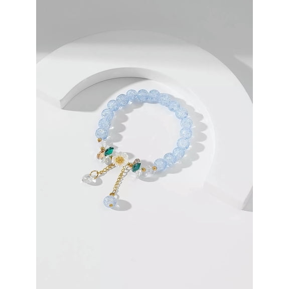 QQTDFG Flower Decor Light Blue Crystal Beaded Bracelet for Women Men Stretchy Stackable-default