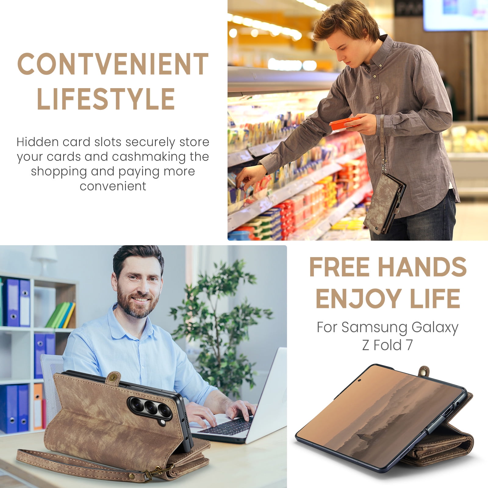 Feishell Durable 2- In-1 Magnetic Detachable Wallet Case for Samsung Galaxy Z Fold 7,for Women Men,Premium PU Leather Zipper Pocket Flip Multi Card Slots Purse Phone Case with Wrist Strap,Darkbrown