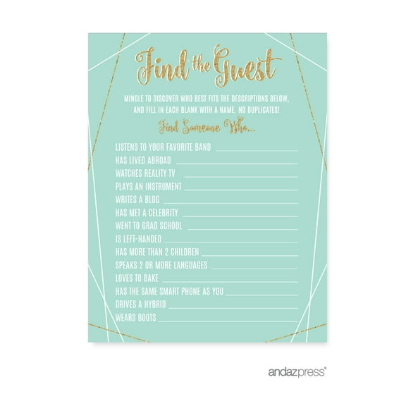 Signature Light Aqua, White, Gold Glittering Party, Find the Guest Who Game Activity Cards, 20-Pack