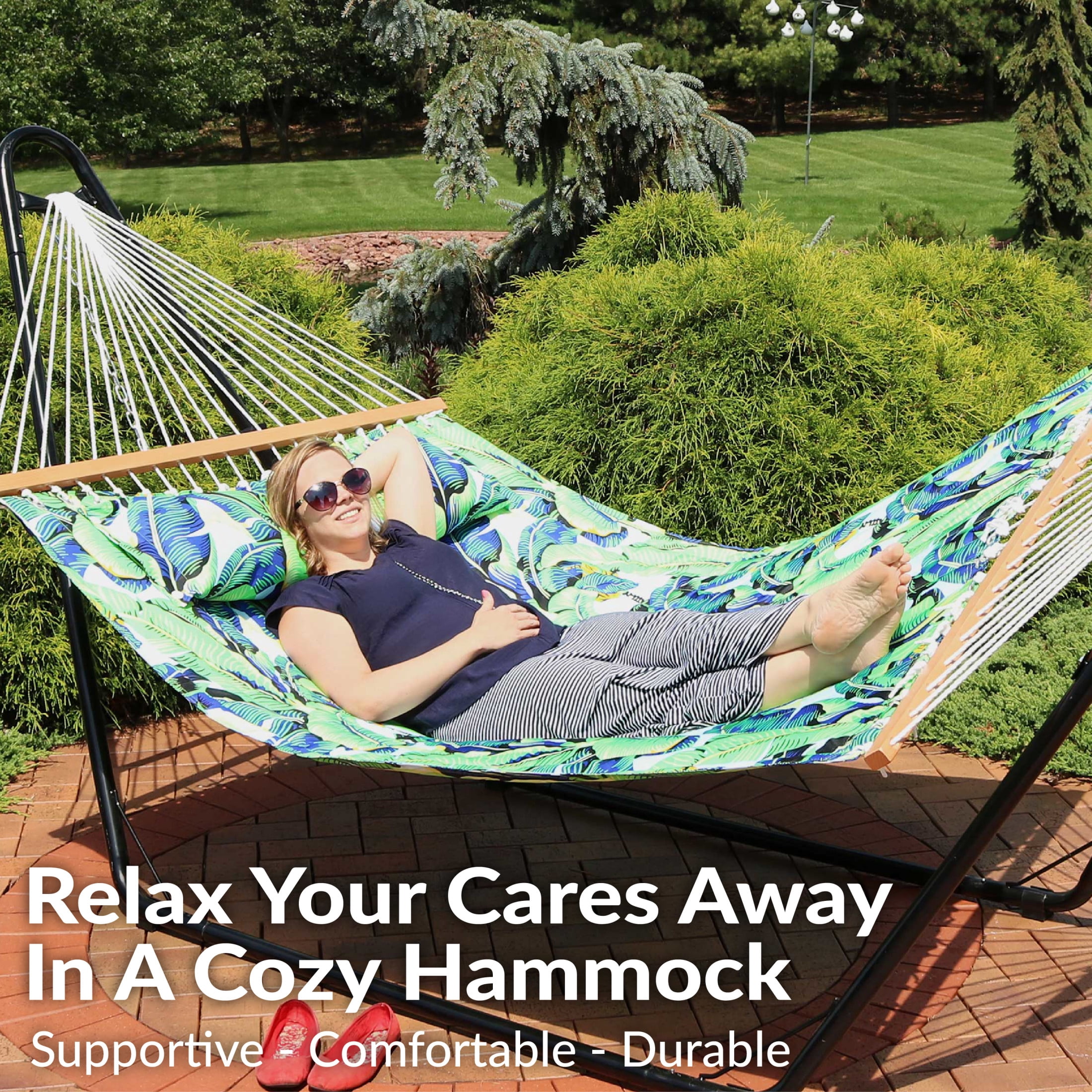 Sunnydaze 2-Person Quilted Polyester Spreader Bar Hammock, 450 lb - Exotic Foliage