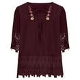 thumbnail image 5 of FAVIPT Women's Linen Loose Fit Tshirt Tops Vintage Lace Tie V-Neck Embroidered Tunics Comfy Relaxed Ladies 3/4 Sleeve Blouse, 5 of 7