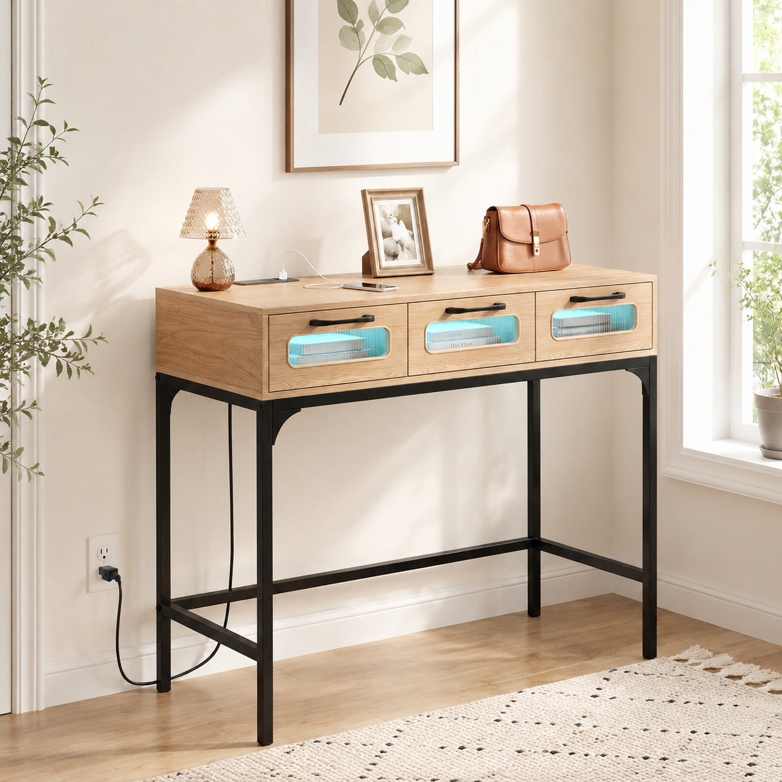 Furnibear Console Table with LED Lighting and Charging Station Entryway Table with Drawers for Living Room Hallway Sofa, Natural
