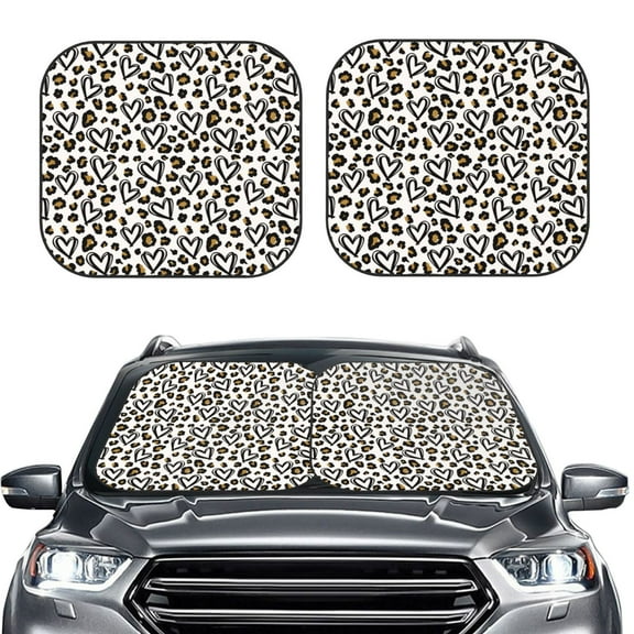 Kdxio Heart Leopard Print 2-Piece Sun Shade Front Windshield - Foldable Car Front Window Sunshades for Most Sedans SUV Truck