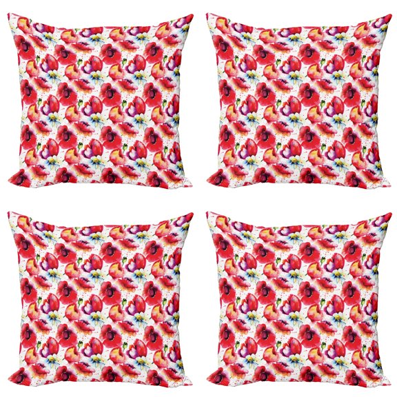 Ambesonne Flower Throw Pillow Cover 4 Pack, Watercolor Romance Art, 20", Blue Red