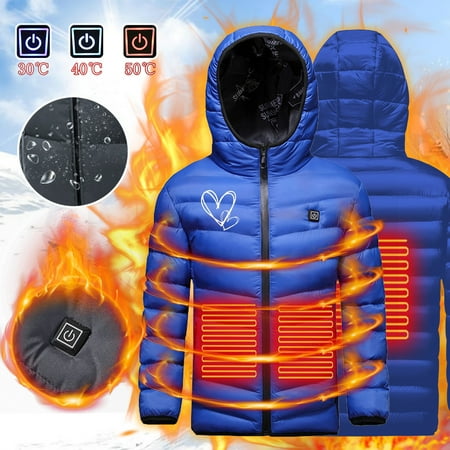 Hicidod Kids Boys Girls Heated Jacket Hooded Waterproof Windproof Down Heating Coat Heart Printed Heated Clothing for Skiing