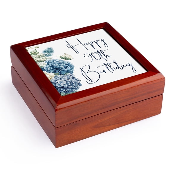 3dRose, Pretty Blue Hydrangea Happy 90th Birthday, Jewelry Box 5.5x5.5 inch with 4 inch tile
