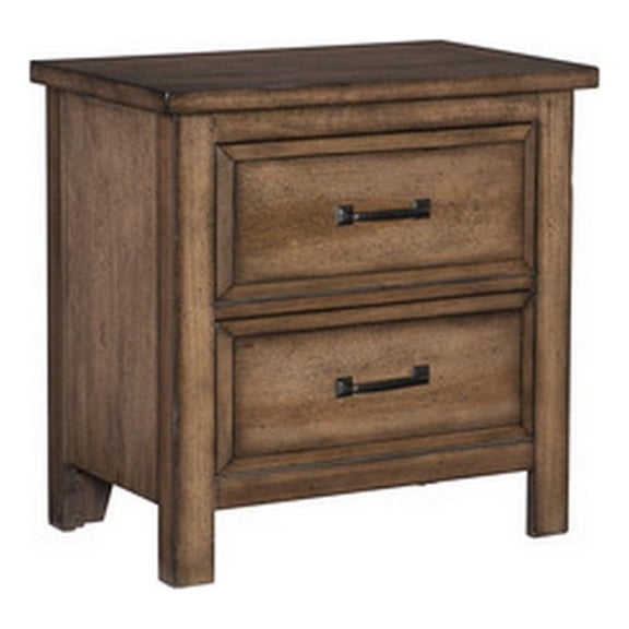 Reva 27 Inch Nightstand- 2 Drawers- Black Metal- Light Brown Solid Wood