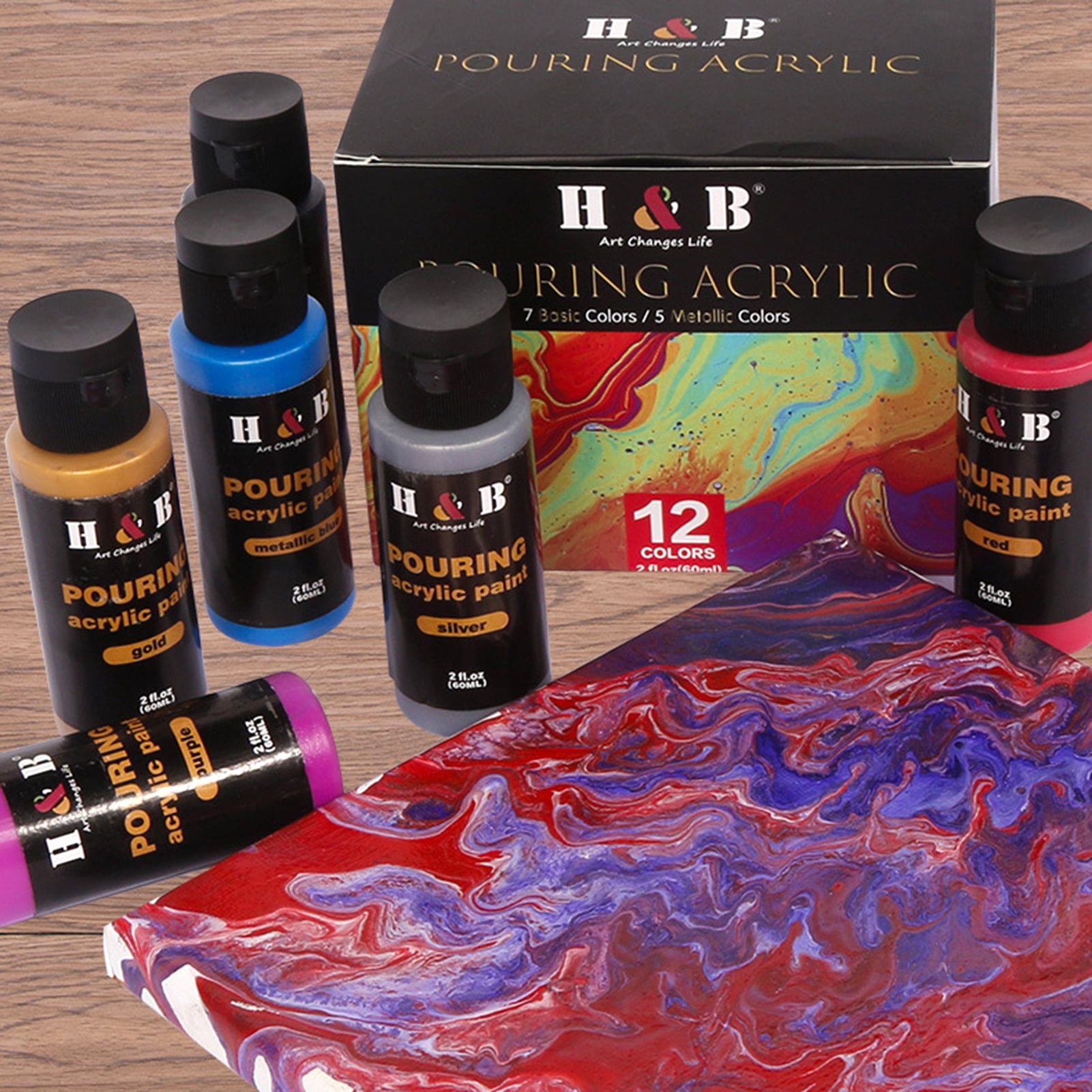 12 Colors Pouring Acrylic Paint Set Non Toxic Art Paints Supplies for Children Students Beginners Adults Artist Painter Painting on Canvas Paper Wood Stone Ceramic Art Crafts