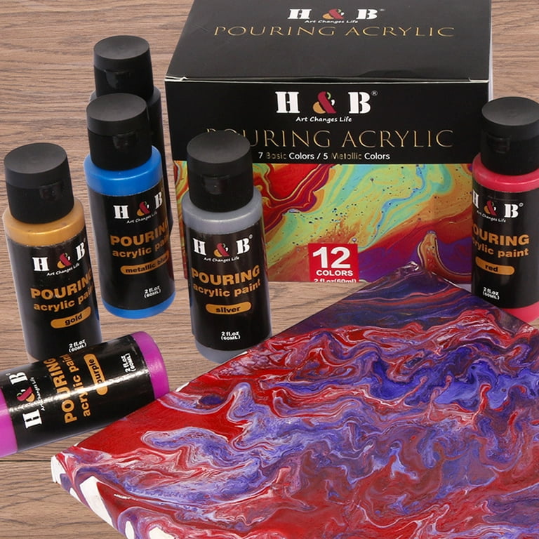 H&B 12 Colors Pouring Acrylic Paint Set 60ml/2 fl.oz Each Bottle