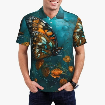 Gaeub Elegant Butterfly And Flowers Print Men s Polo Shirts Short Sleeve Golf Performance Shirts Stretchy Golf Shirts Casual Summer Beach Shirts-XX-Large