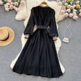 thumbnail image 2 of Black Women Flower Embroidery Dress Long Lantern Sleeve Stand Collar Chiffon Vintage High Waist Belted Midi Dresses, 2 of 6