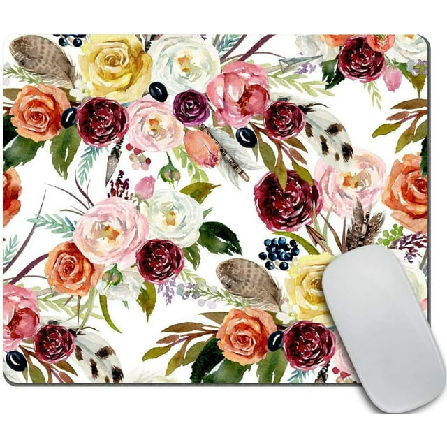 Watercolor Ethnic Boho Floral Mouse Pad Pink Vivid Flowers Rectangle Desk Decor Ideal for School Supplies, Office Accessories, and Cubicle Decor Burgundy and Pink Floral Design