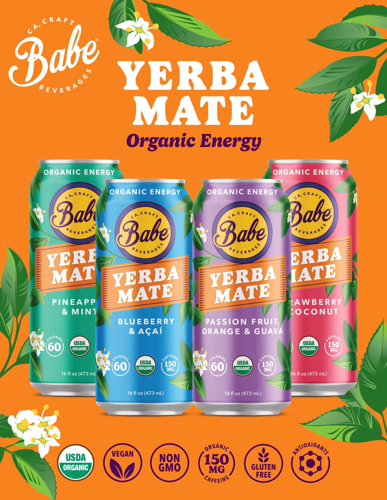 Babe Yerba Mate, Natural Energy Drink Alternative, Organic Passion Fruit, Orange & Guava 16oz (Pack of 12), 150mg Caffeine