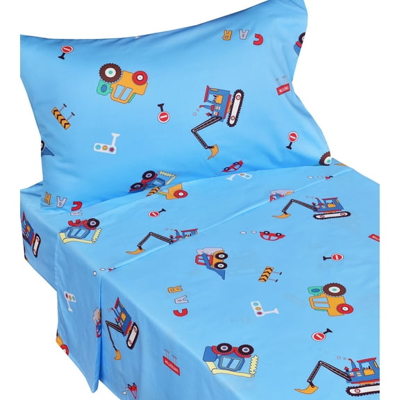 J-pinno Cars Truck Tractor Digger Building 100% Percale Cotton 3 Pieces Crib Sheet Set for Kids Toddler Boys Girls, Flat & Fitted Sheet & Pillowcase, Cozy Breathable Unisex Nursery School Bedding Set