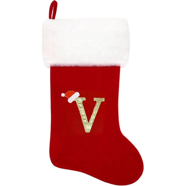 Medias navideñas YZhouD de 20 pulgadas con monograma de terciopelo rojo y puños de felpa blanca súper suaves, bordadas, clásicas y personalizadas, para decorar las fiestas familiares (letra M)