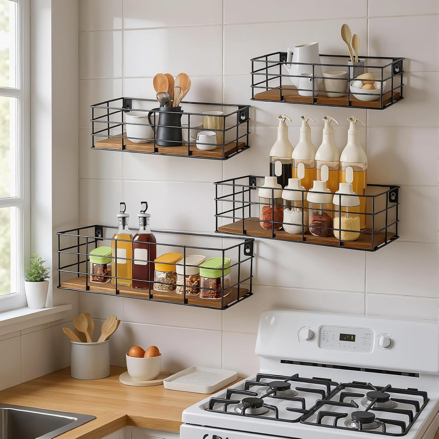 4 Sets of Hanging Floating Shelves, Metal Wire Storage Basket with Wood Bottoms, Hanging Storage Wall Shelf, Wall Mounted Shelves for Home Bathroom Living Room Bedroom Kitchen