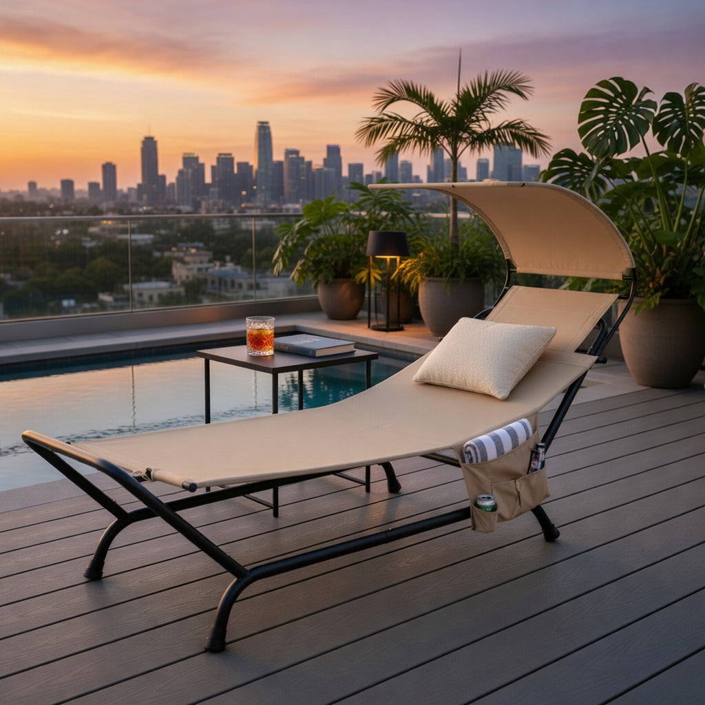Hommoo Outdoor Hanging Chaise Lounge Chair with Sun-Blocking Canopy, Thick Cushion & Pillow, Heavy-Duty Metal Frame for Patio, Deck, Poolside, Beige