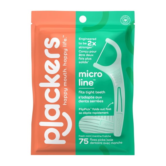 Plackers Micro Line Dental Floss Picks, Fold-Out FlipPick, Tuffloss, Easy Storage with Sure-Zip Seal, Fresh Mint Flavor, 75 Count (Pack of 1)