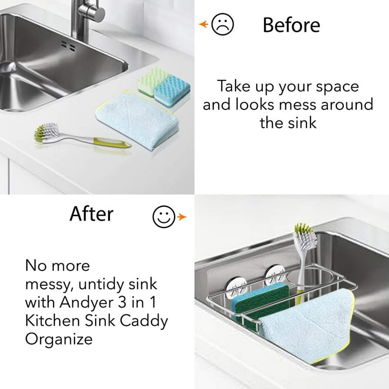 KINCMAX Adhesive Sink Organizer Sponge Holder+Dish Cloth Hanger, 2 in 1,  Ideal for Removable Hanging Sink Caddy Brush Holder or