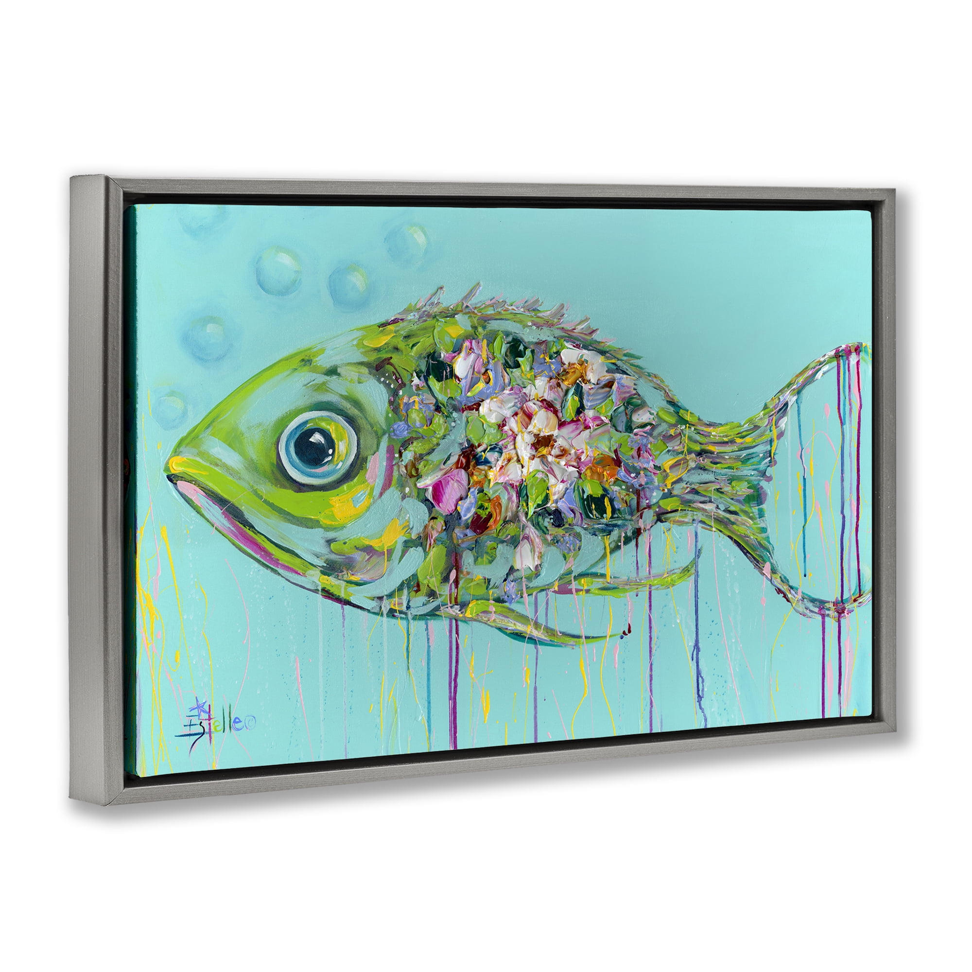 Stupell Industries Painterly Drip Fish Nautical & Beach Painting Gray Floater Framed Canvas Art Print Wall Art, 25 x 17