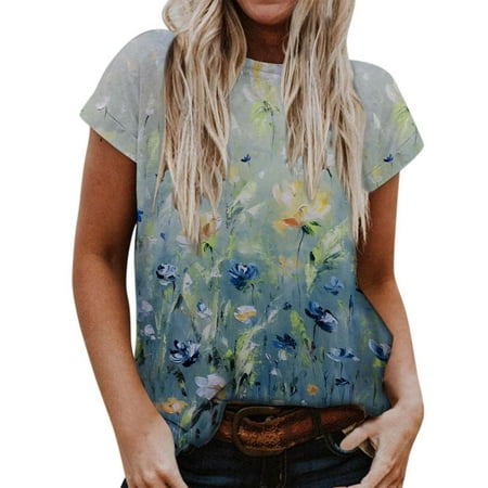 

JDEFEG Tall Womens Shirts Womens Summer Casual Printed Short Sleeve Round Neck Loose Casual T Shirt Top Long Sleeve Scrub Shirt Polyester Spandex Green Xxl