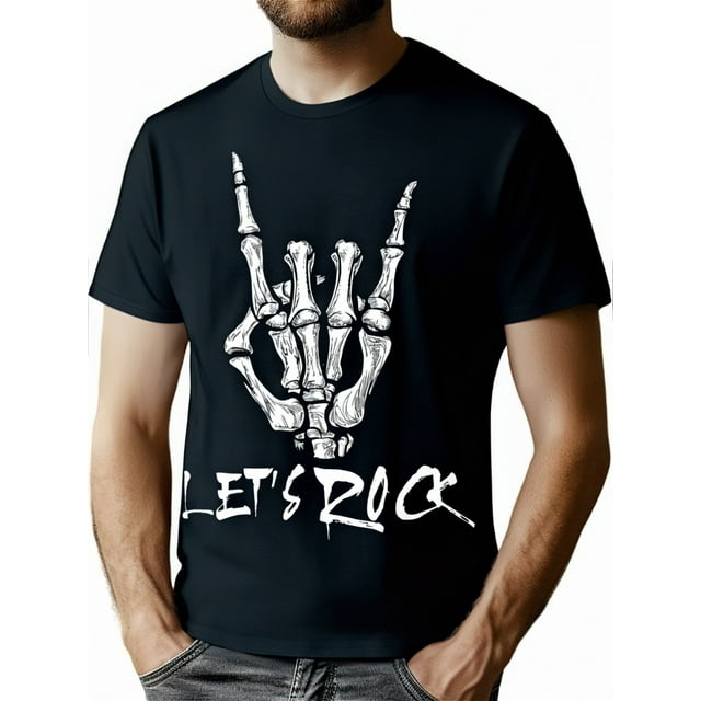 Let's Rock" T-Shirt Graphique Main Squelette - 100 % Coton, 220g, T-Shirt Noir Décontracté avec Impression Numérique Lavable en Machine, Manches Courtes, Col Rond pour Toutes les Saisons