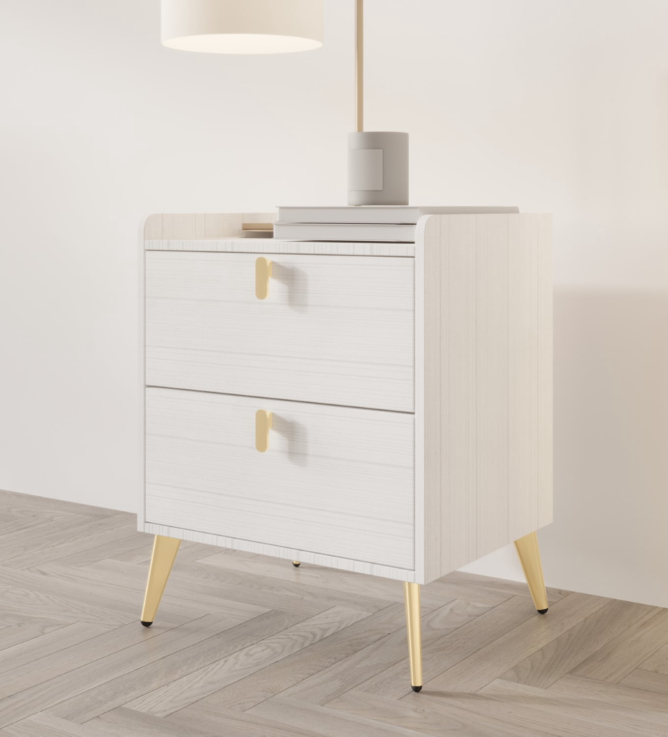 Home Design Muilee Nightstands (Set of 2) with Brushed Gold Handles and Roller Glides, White, Easy Assembly