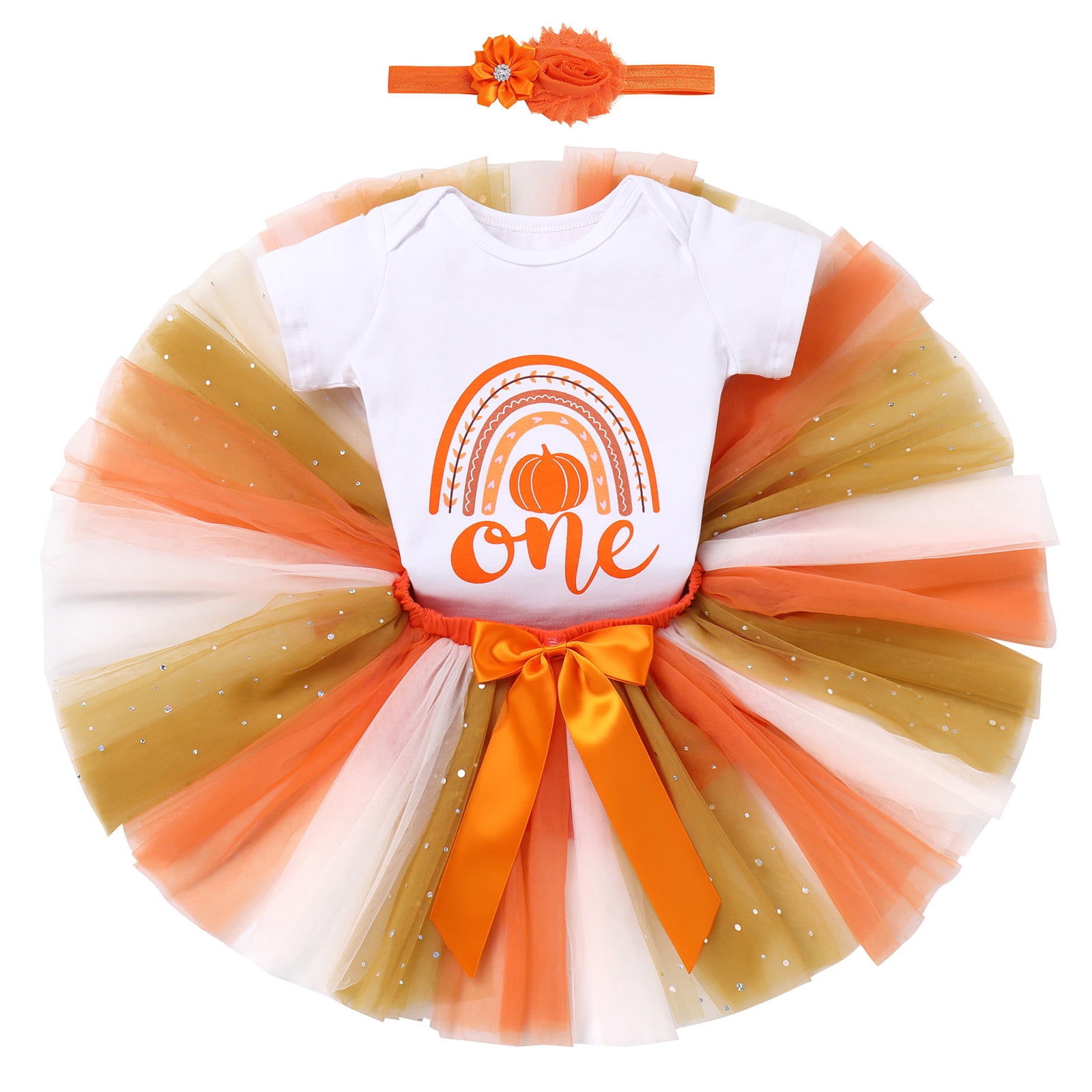 IBTOM CASTLE Toddler Baby Girls Pumpkin 1st Birthday Outfit Halloween Princess Romper + Tutu Skirt + Headband Clothes Set for Cake Smash Photo Shoot 12-18 Months Rainbow Pumpkin One
