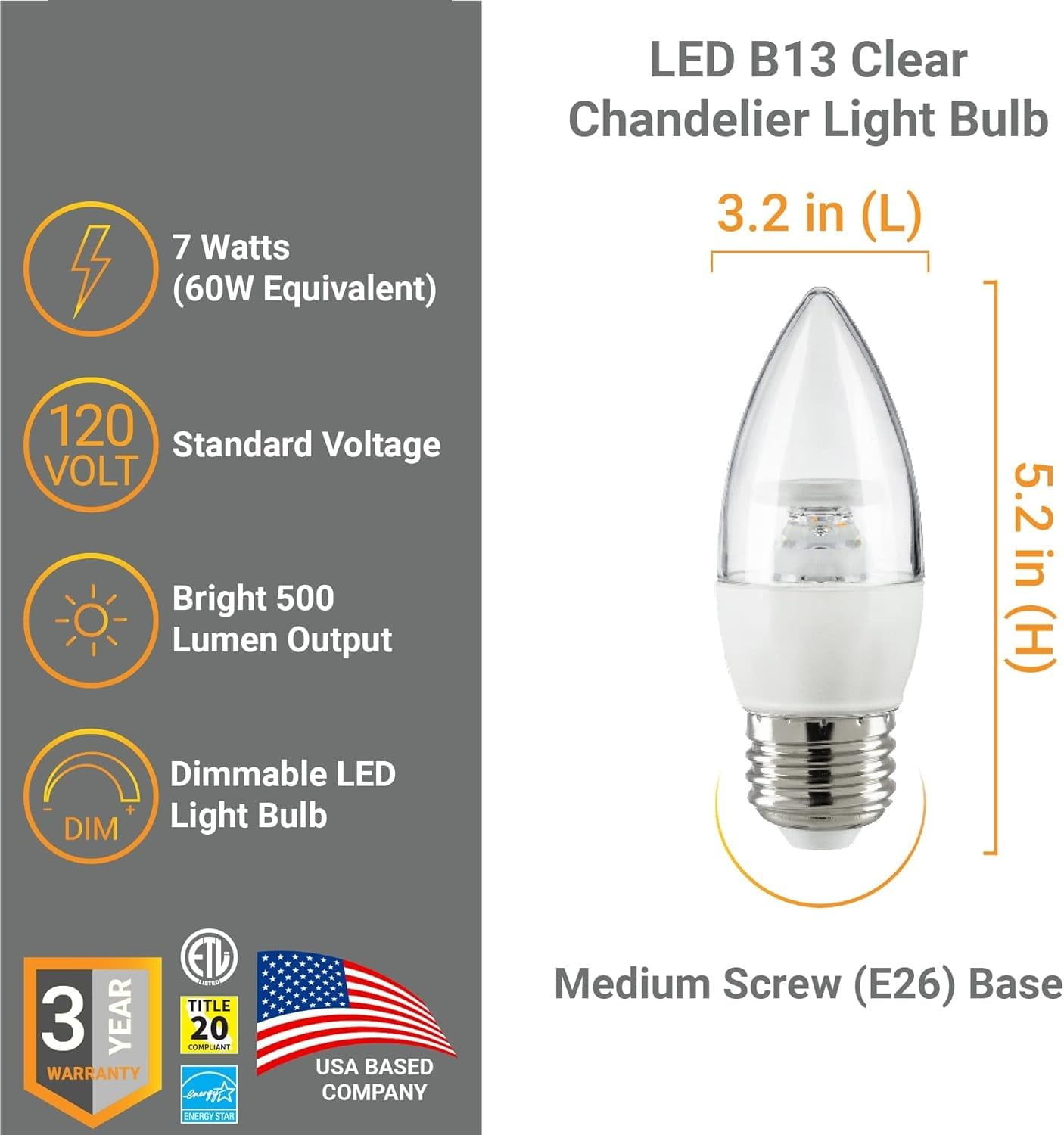 Diodesy- Pack of 6 ETC/LED/7W/940/6PK LED Candelabra Chandelier Bulb B13, 7W (60W Equivalent), Dimmable, 4000K Cool White, Decorative Clear Filament, E26 Base, Candle and Ceiling Fan Light Bulb, ETL