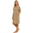 thumbnail image 3 of Women's Short Sleeves Sleepwear Nightshirt Stitching Contrast Nightgown Soft Pullover Nightdress Loungewear with Pockets,Khaki S-2XL, 3 of 7