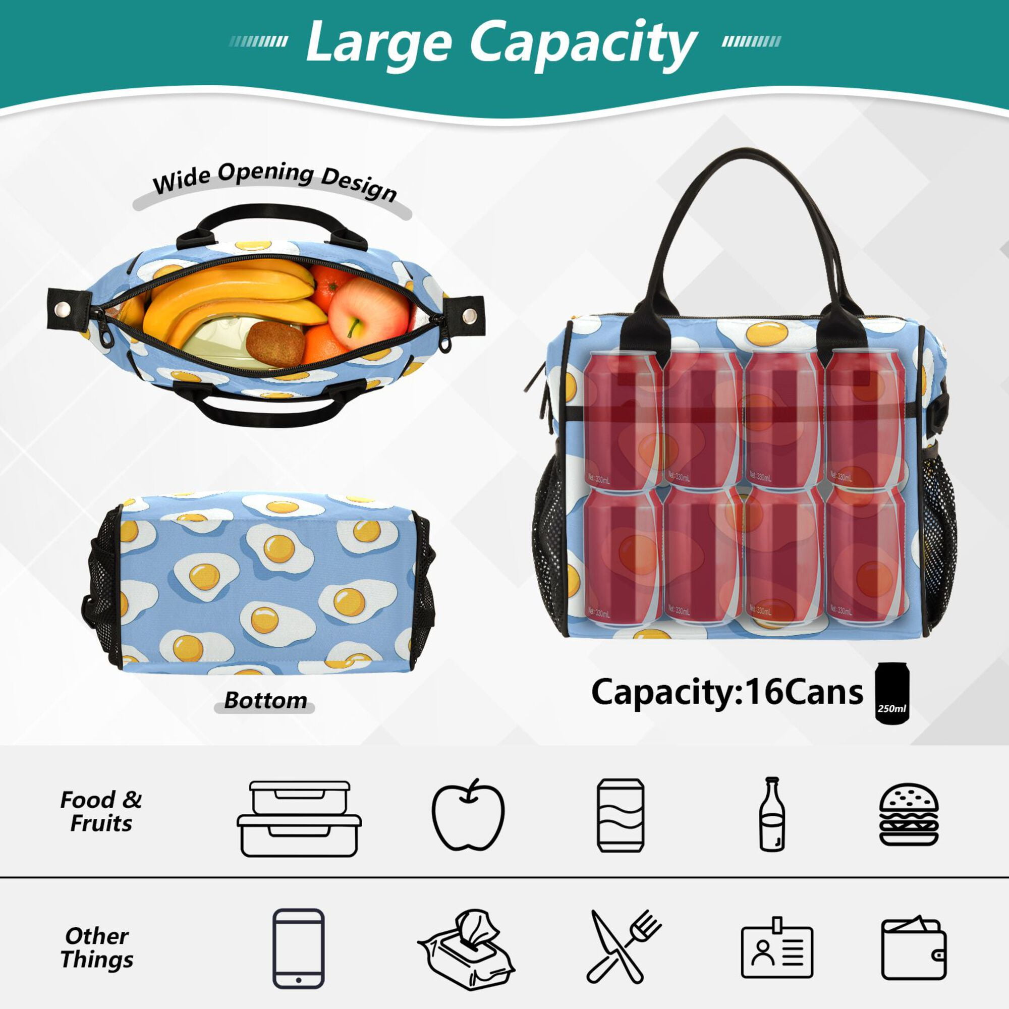 FORMRS Insulated Lunch Bag Unisex Large Capacity with Shoulder Strap, Playful Fried Eggs
