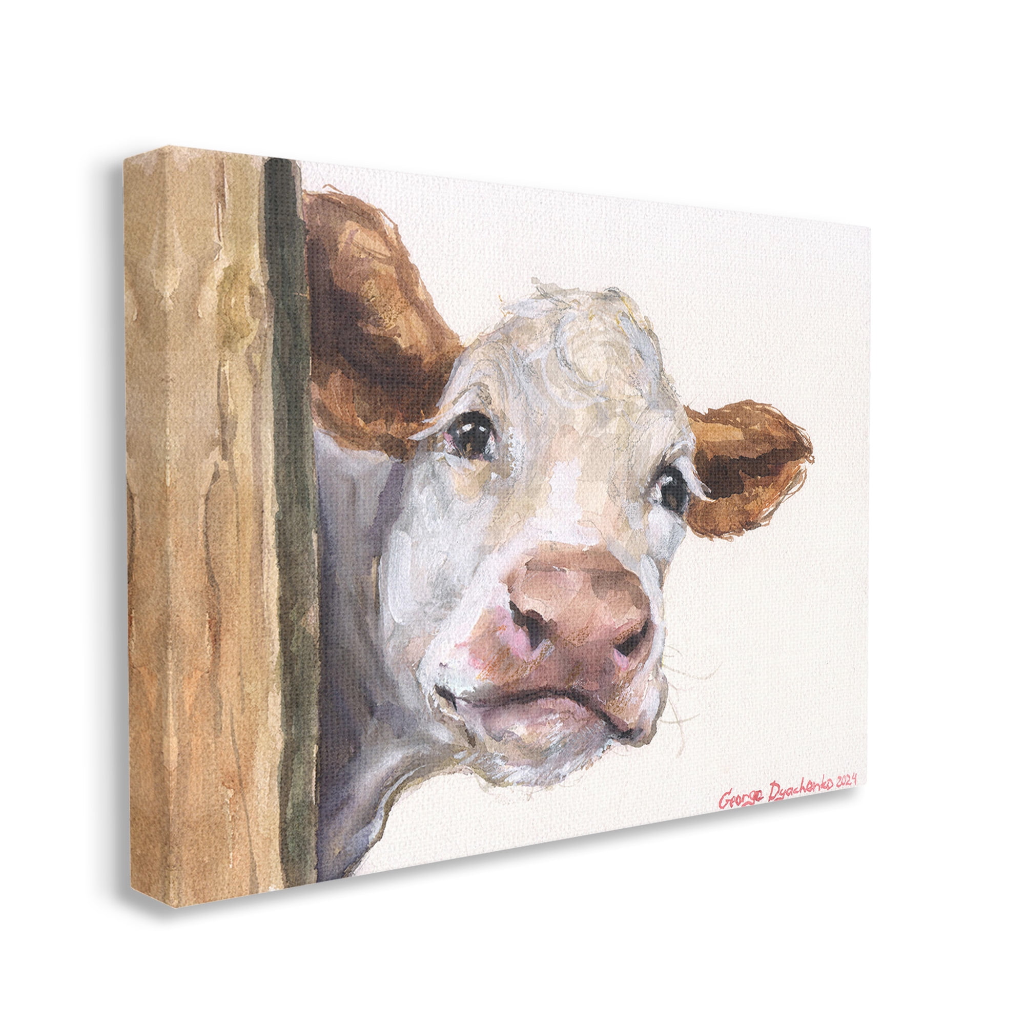Stupell Industries Peeking Cattle & Fence Animals & Insects Painting Gallery Wrapped Canvas Art Print Wall Art, 20 x 16