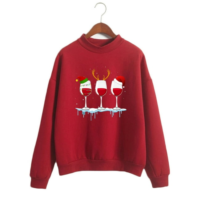 Hauts de Noël en Solde Tendance Femmes Décontracté Noël Ample Col Rond Imprimé Manches Longues T-Shirt Rouge L