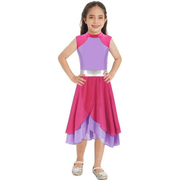 CHICTRY Kids Girls Lyrical Worship Dance Dress Contrast Color Ballet Dress Ballroom Dance Performance Costume A Hot Pink&Lavender 10