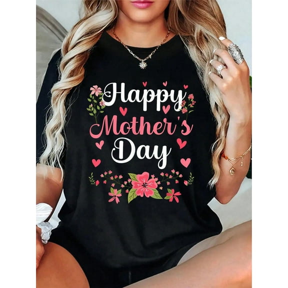 Happy Mother's Day Mommy Cute Floral Women For Mom Grandma T-Shirt - 100% Cotton Short Sleeve, Summer & Spring Essential - Women's Clothing Printed Graphic Tee For T-Shirt Lovers