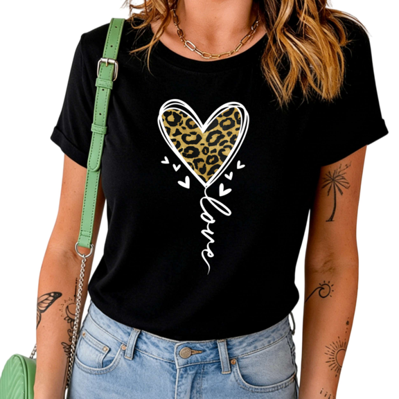 UNISHE Women's Leopard Print Heart Love Graphic Casual Crew Neck Short Sleeve T-Shirt Top