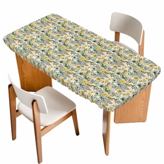 Vintage Flowers Table Cloths for 5 Foot Rectangle Tables, Spring Yellow Green Floral Country Leaves Birds Patio Waterproof Elastic Fitted Tablecloths, Washable Rectangular Table Cover for Camping