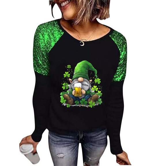 Byworldtasic St.Patrick's Day T-Shirt for Women Sequined Splicing Sleeve Casual Lucky Clover Heart Graphic Tee Tops