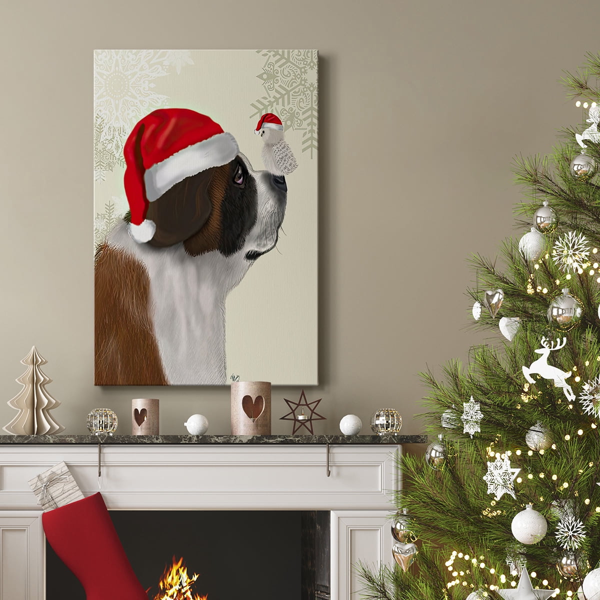 Christmas St Bernard and Fluffy Owl- Gallery Wrapped Canvas