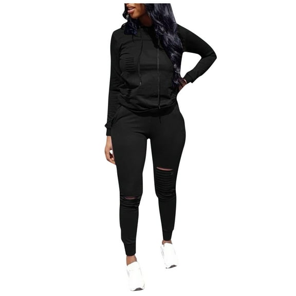 FYEGRE Spring Outdoor Women's Hooded Sweatshirt Women's Distressed Pullover Hoodie Autumn Winter Casual Fashion Sportswear Long Sleeve Ripped Sweater Comfort Fit Black XL