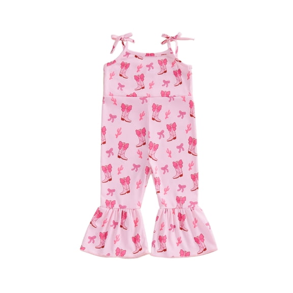 BemeyourBBs Toddler Baby Girls Western Cowgirl Outfits Bell Bottom Romper Sleeveless Tie Shoulder Strap Bow Boots Print Jumpsuit One Piece Spring Summer Clothes