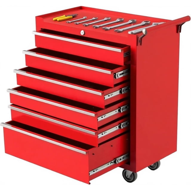 6-Drawer Rolling Tool Cabinet with Lock Drawer Liners and Side Handle Red Mobile Toolbox for Garage and Workshop Red