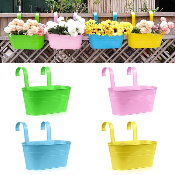Flower Pots Metal Iron Hanging Flower Pots Garden Pots Balcony Planters Metal Bucket Flower Holders Wall Hanging Decor Pot- Detachable Hook