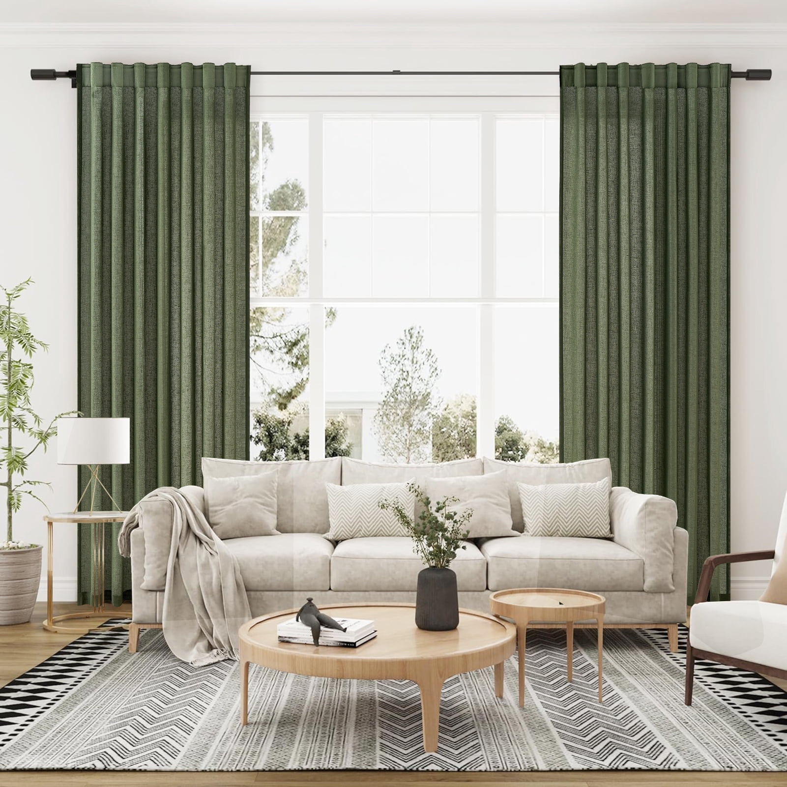 Topfinel Olive Green Linen Semi Sheer Curtains 84 Inches Long,Spring Boho Bedroom Living Room Home Decor,Cotton Linen Blended Light Filtering ,Back Tab Window Curtain with Hooks ,Set of 2